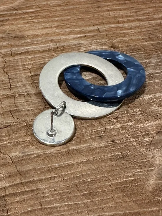 Silver and Navy Blue Interlocking Hoop Drop Earrings - Women Jewelry - Picture 3 of 5